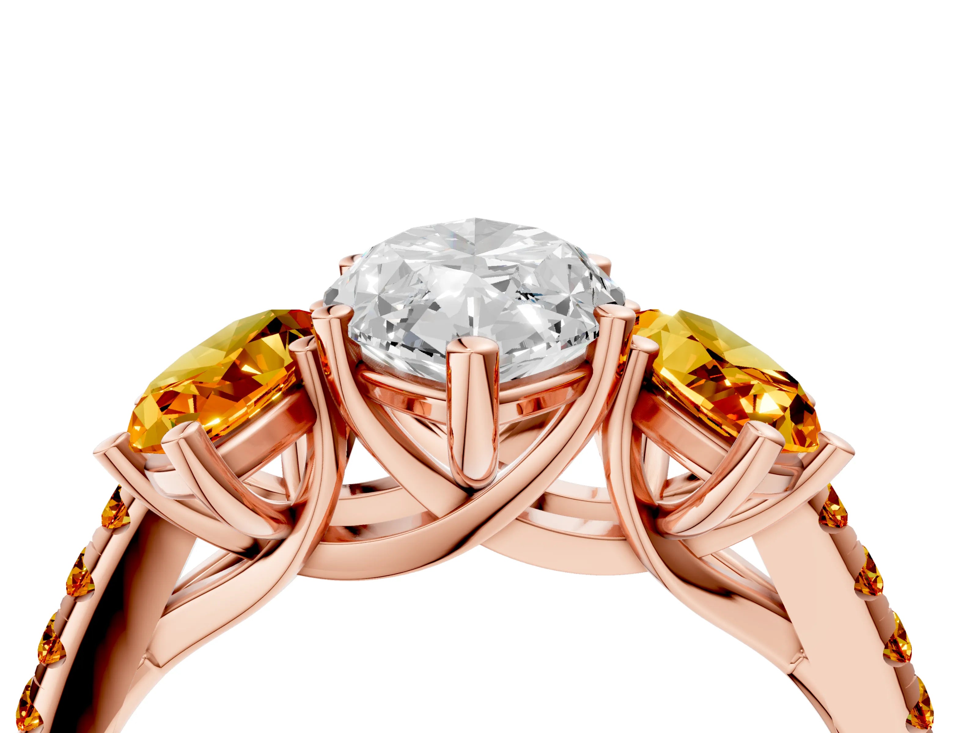 Rose gold Three-Stone Marquise Cut Diamond Ring with Round with Citrine side stone Pavé Band and Prong Setting_4