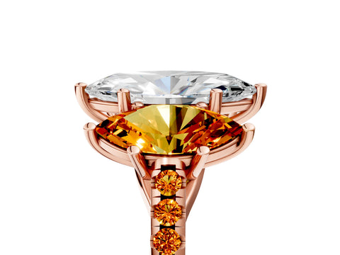 Rose gold Three-Stone Marquise Cut Diamond Ring with Round with Citrine side stone Pavé Band and Prong Setting_5
