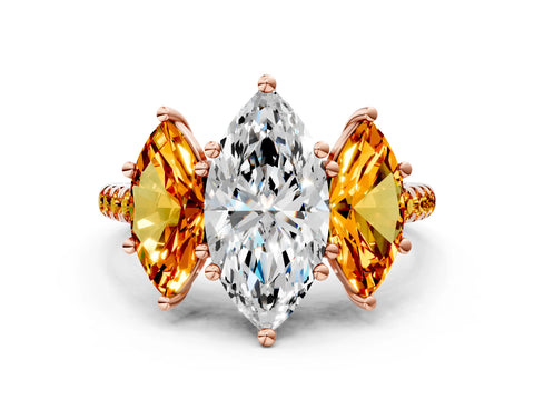 Rose gold Three-Stone Marquise Cut Diamond Ring with Round with Citrine side stone Pavé Band and Prong Setting