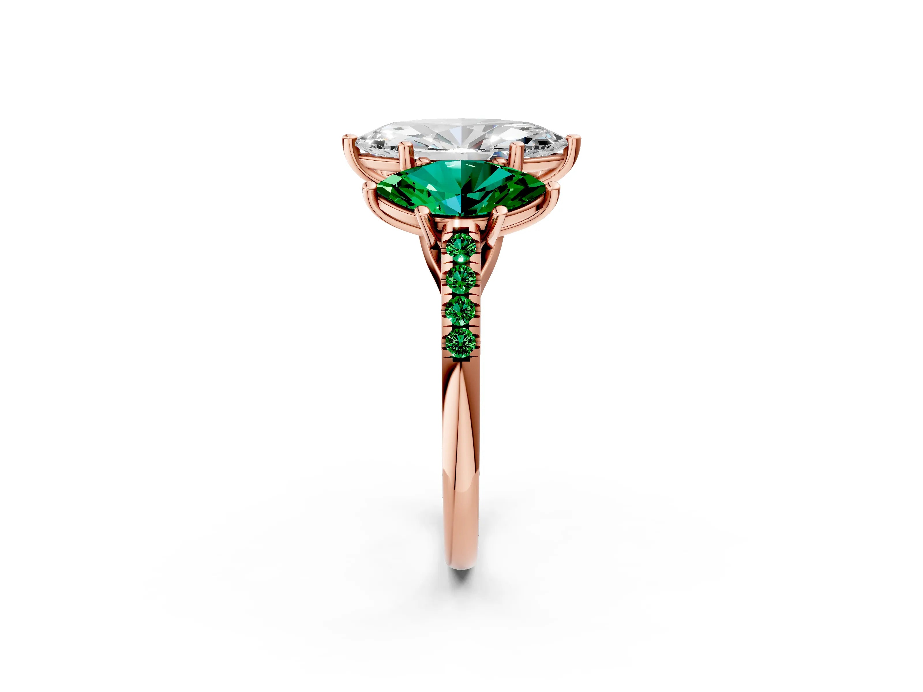Rose gold Three-Stone Marquise Cut Diamond Ring with Round with Emerald side stone Pavé Band and Prong Setting_2