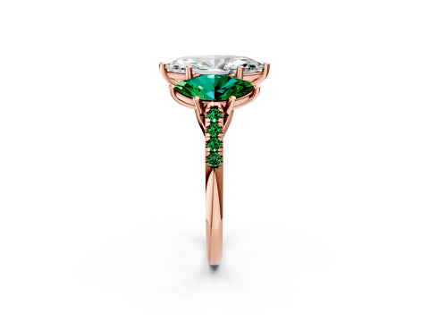 Rose gold Three-Stone Marquise Cut Diamond Ring with Round with Emerald side stone Pavé Band and Prong Setting_2