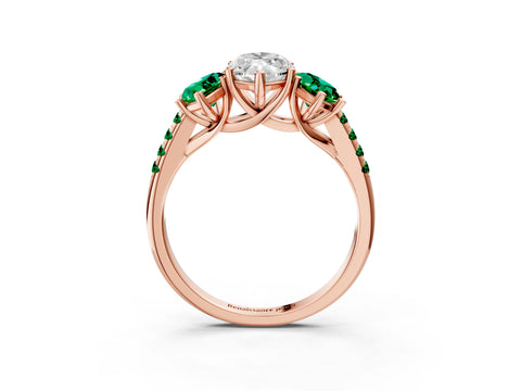 Rose gold Three-Stone Marquise Cut Diamond Ring with Round with Emerald side stone Pavé Band and Prong Setting_3