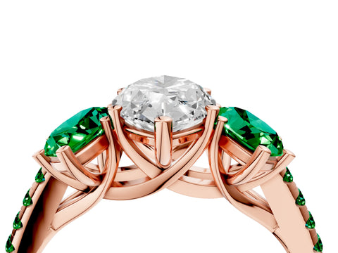 Rose gold Three-Stone Marquise Cut Diamond Ring with Round with Emerald side stone Pavé Band and Prong Setting_4