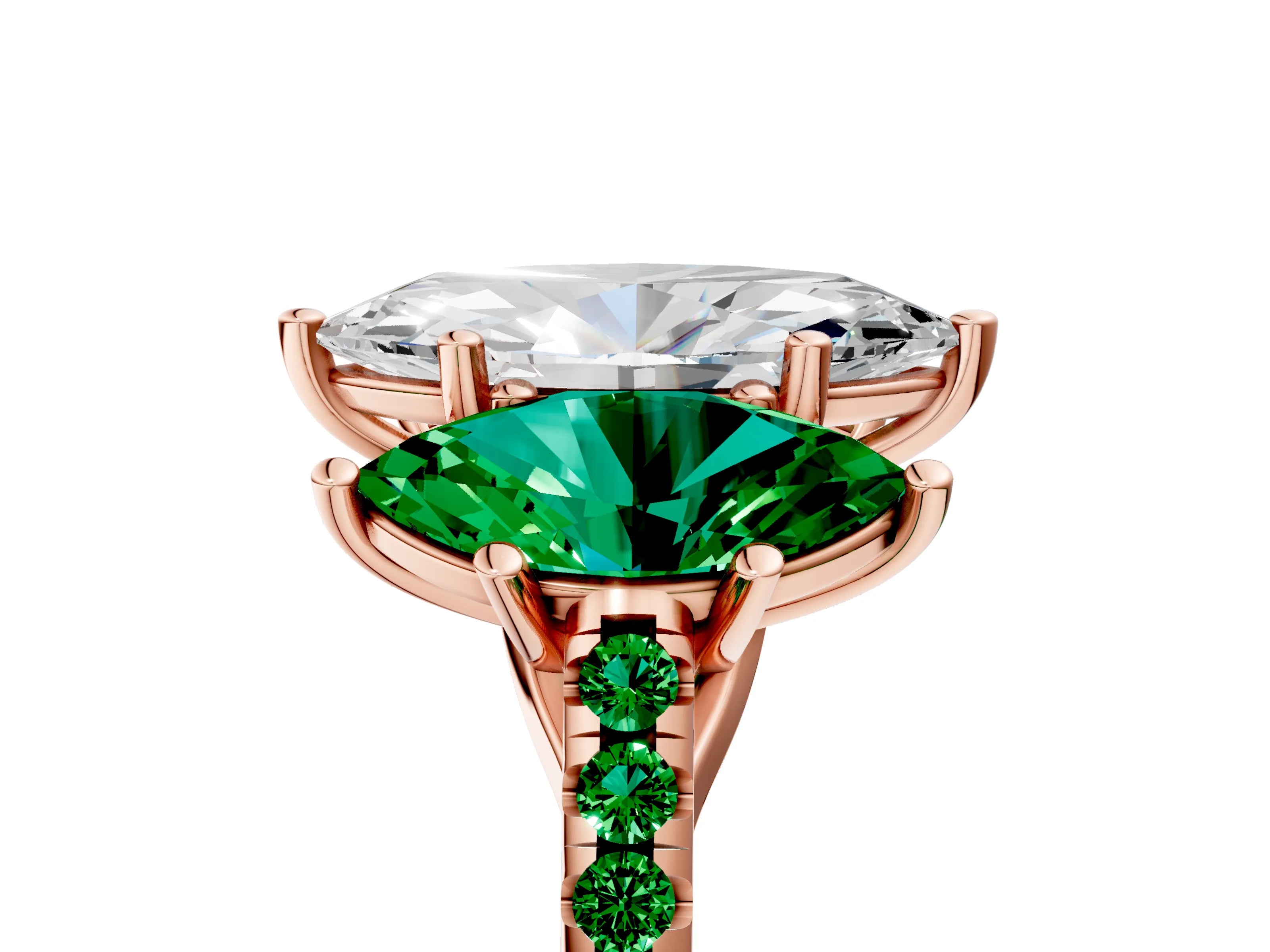 Rose gold Three-Stone Marquise Cut Diamond Ring with Round with Emerald side stone Pavé Band and Prong Setting_5