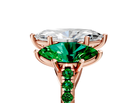 Rose gold Three-Stone Marquise Cut Diamond Ring with Round with Emerald side stone Pavé Band and Prong Setting_5