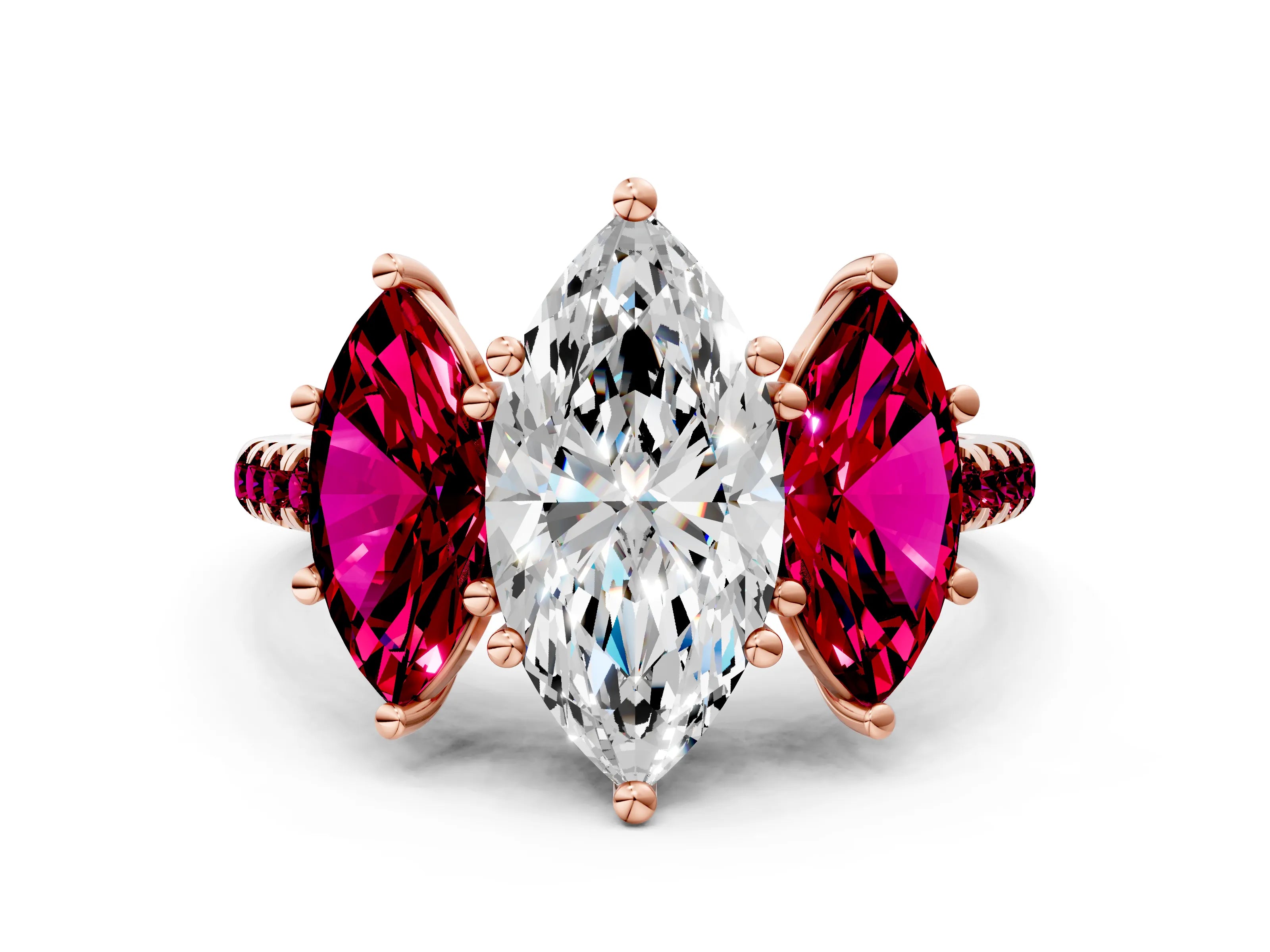 Rose gold Three-Stone Marquise Cut Diamond Ring with Round with Garnet side stone Pavé Band and Prong Setting
