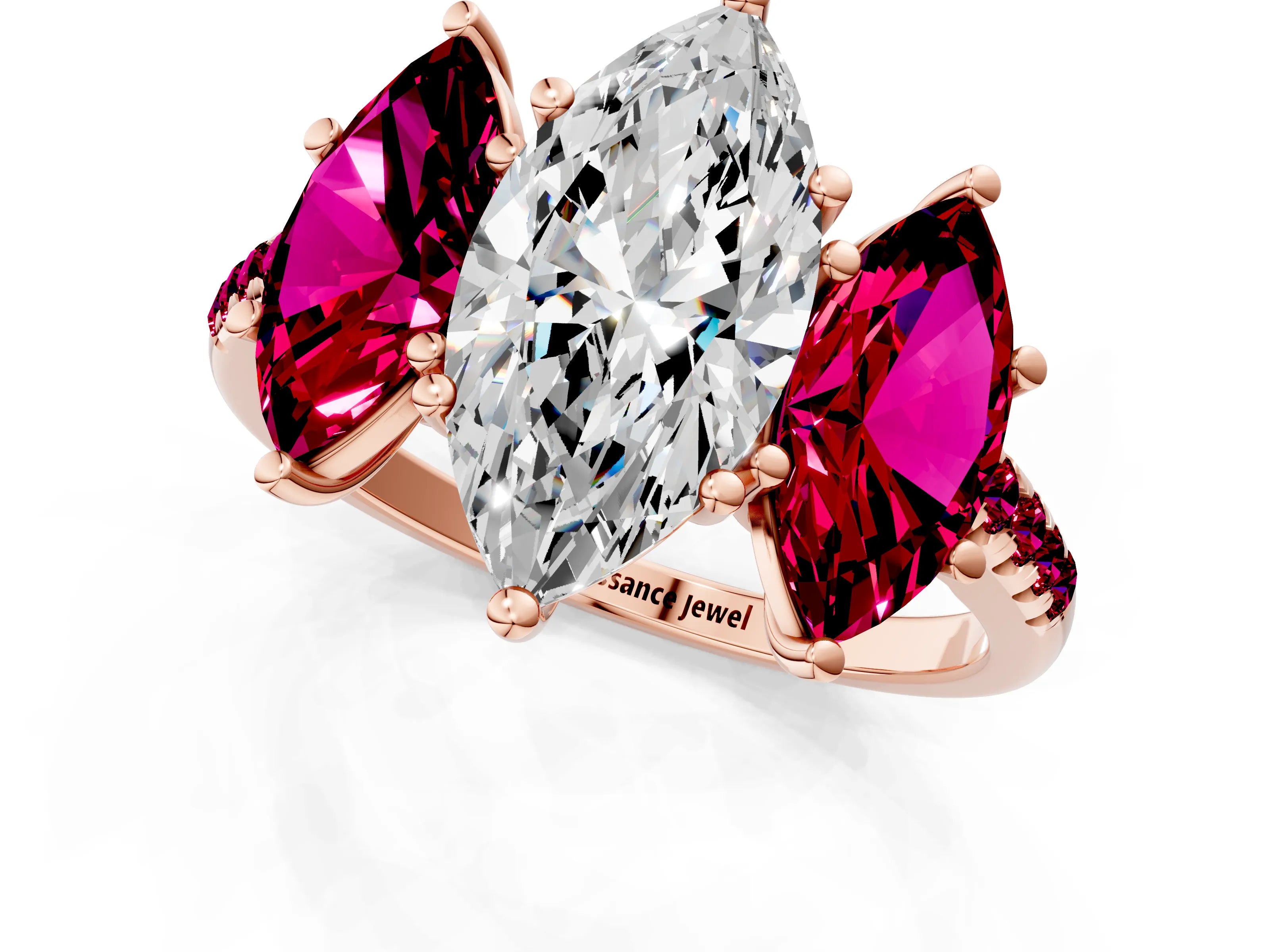 Rose gold Three-Stone Marquise Cut Diamond Ring with Round with Garnet side stone Pavé Band and Prong Setting_1