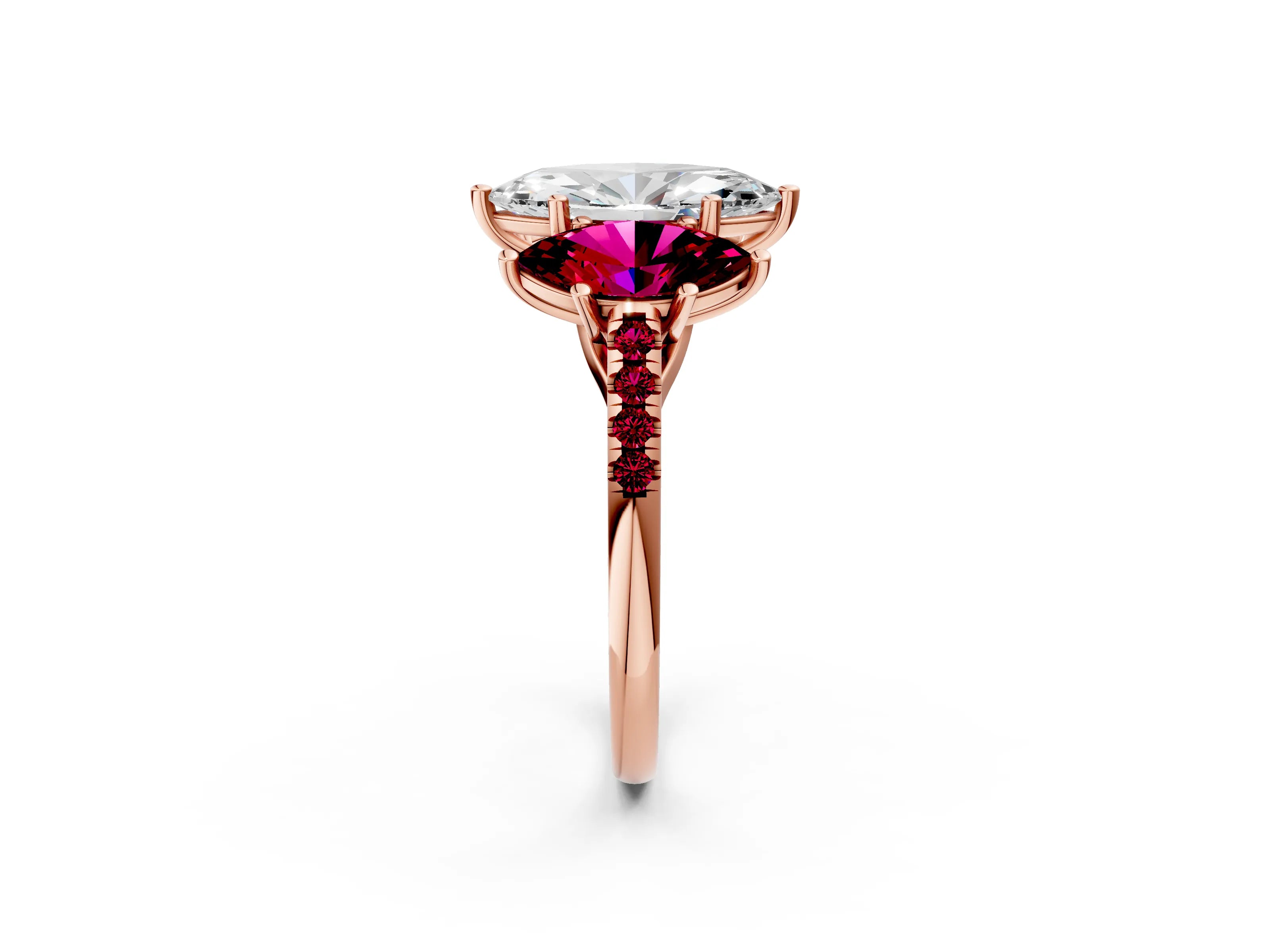 Rose gold Three-Stone Marquise Cut Diamond Ring with Round with Garnet side stone Pavé Band and Prong Setting_2