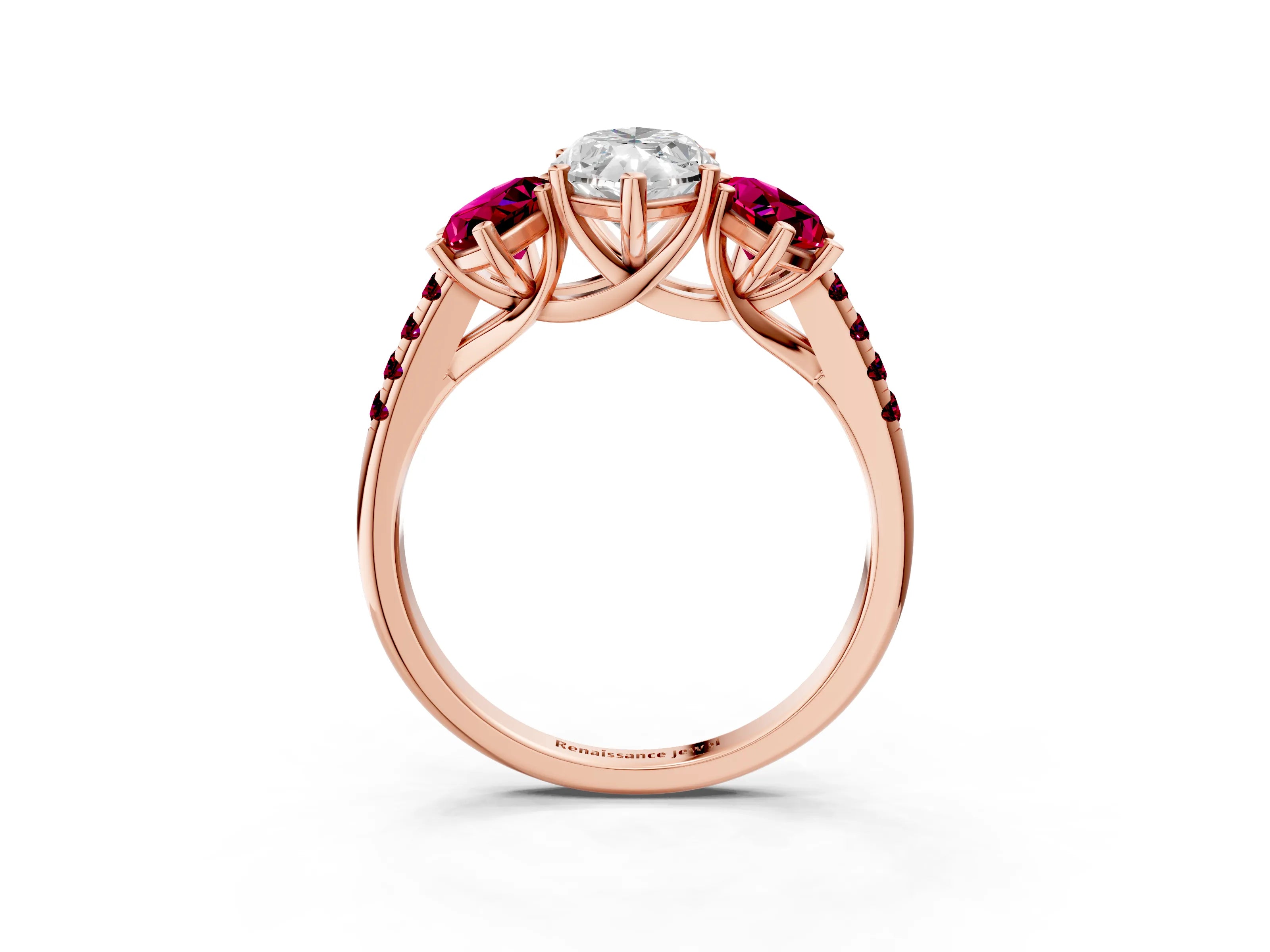 Rose gold Three-Stone Marquise Cut Diamond Ring with Round with Garnet side stone Pavé Band and Prong Setting_3