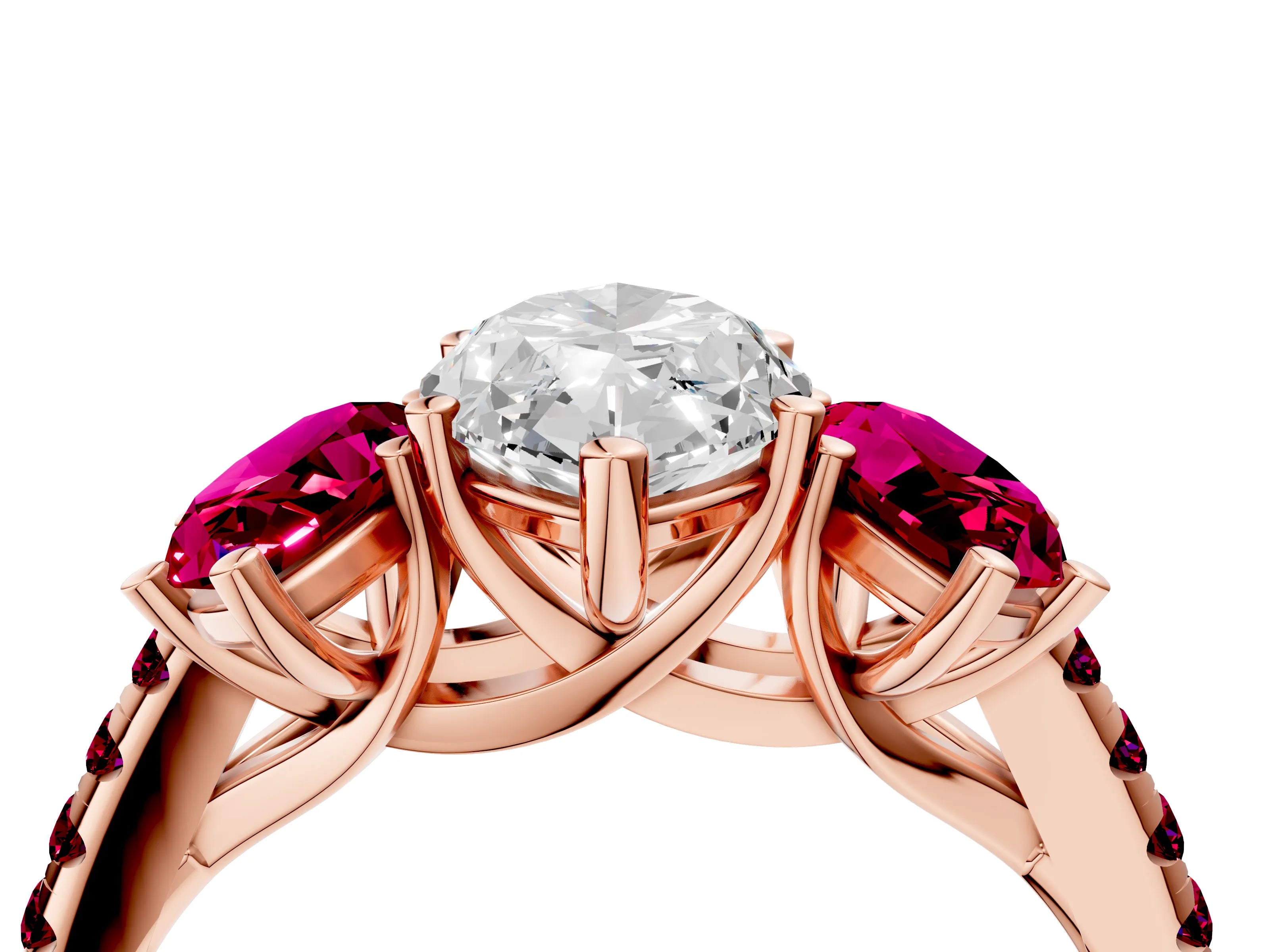Rose gold Three-Stone Marquise Cut Diamond Ring with Round with Garnet side stone Pavé Band and Prong Setting_4