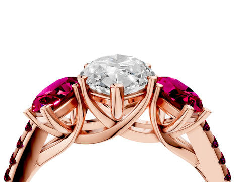 Rose gold Three-Stone Marquise Cut Diamond Ring with Round with Garnet side stone Pavé Band and Prong Setting_4