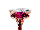 Rose gold Three-Stone Marquise Cut Diamond Ring with Round with Garnet side stone Pavé Band and Prong Setting_5