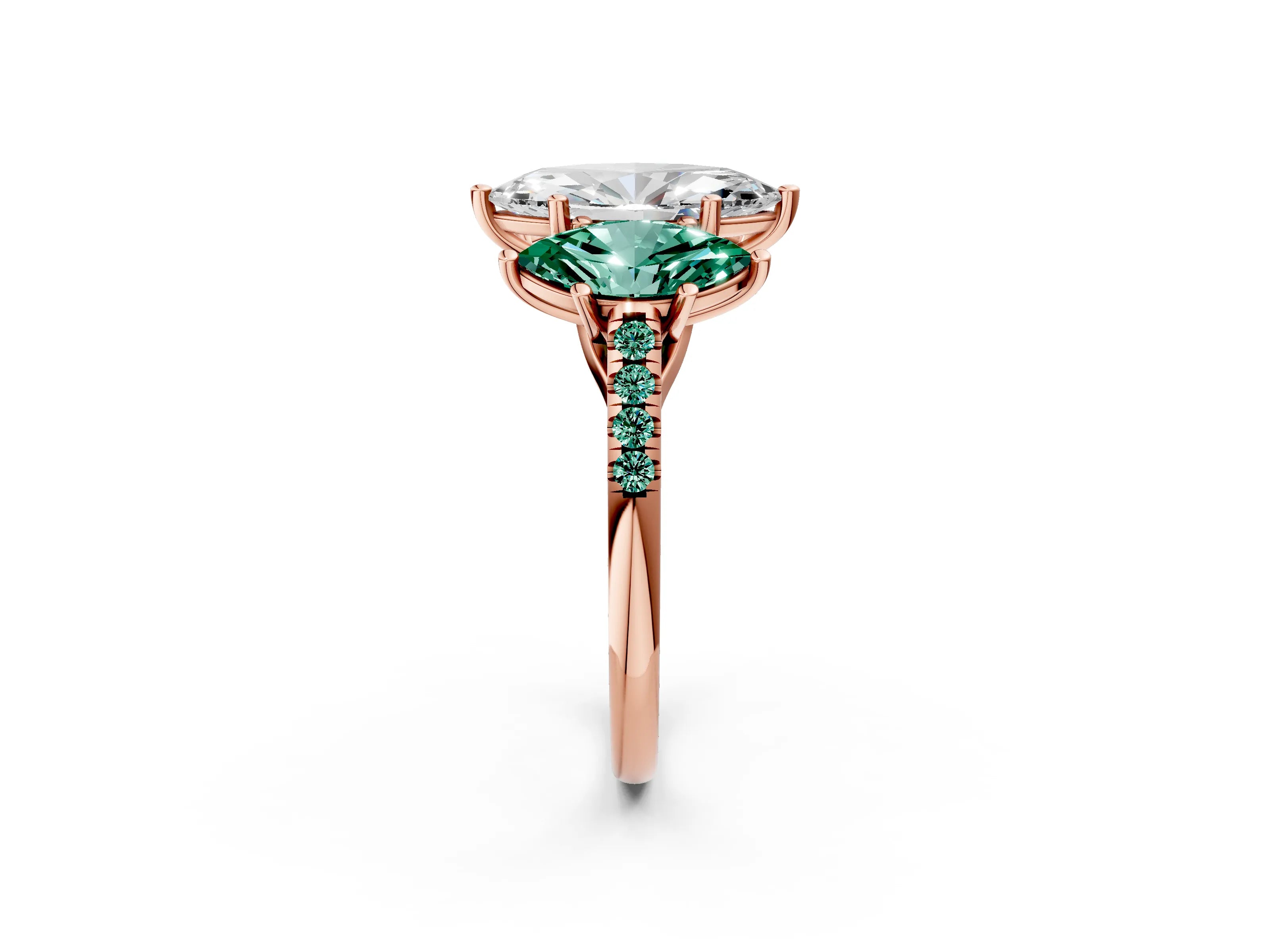 Rose gold Three-Stone Marquise Cut Diamond Ring with Round with Green Sapphire side stone Pavé Band and Prong Setting_2