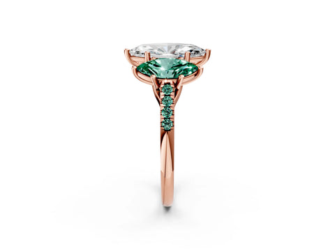 Rose gold Three-Stone Marquise Cut Diamond Ring with Round with Green Sapphire side stone Pavé Band and Prong Setting_2
