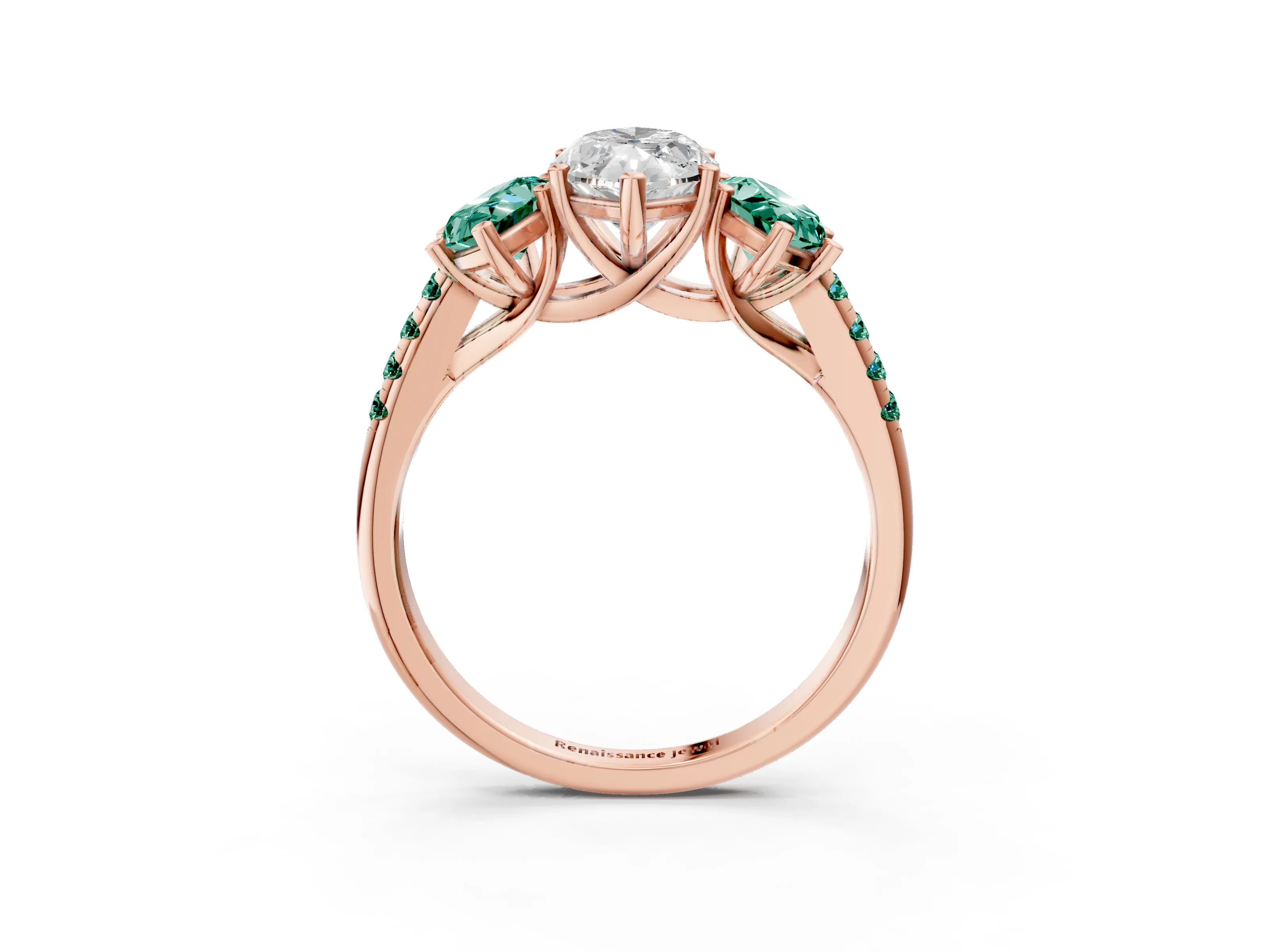 Rose gold Three-Stone Marquise Cut Diamond Ring with Round with Green Sapphire side stone Pavé Band and Prong Setting_3
