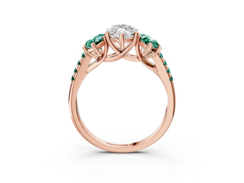 Rose gold Three-Stone Marquise Cut Diamond Ring with Round with Green Sapphire side stone Pavé Band and Prong Setting_3