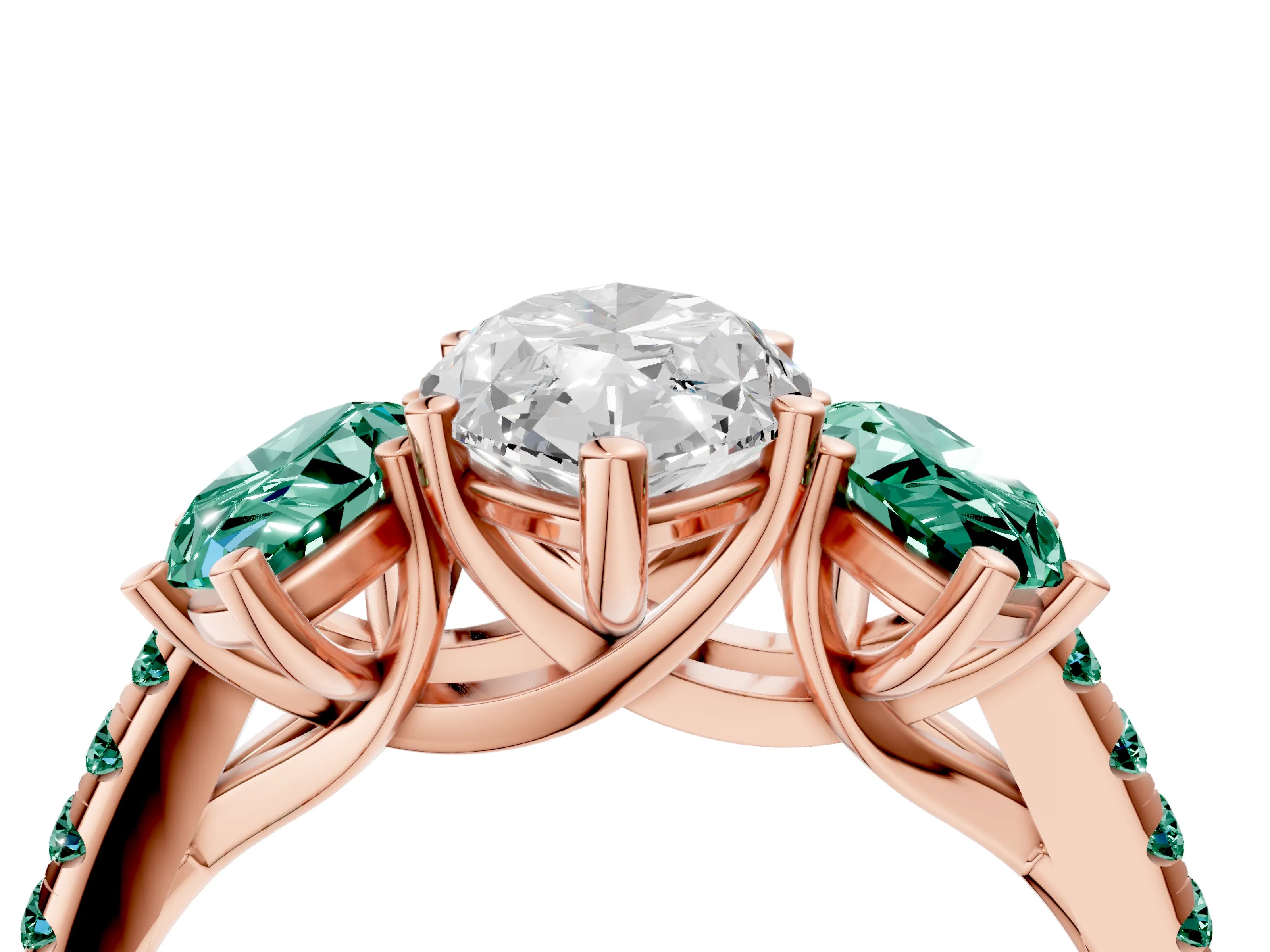 Rose gold Three-Stone Marquise Cut Diamond Ring with Round with Green Sapphire side stone Pavé Band and Prong Setting_4