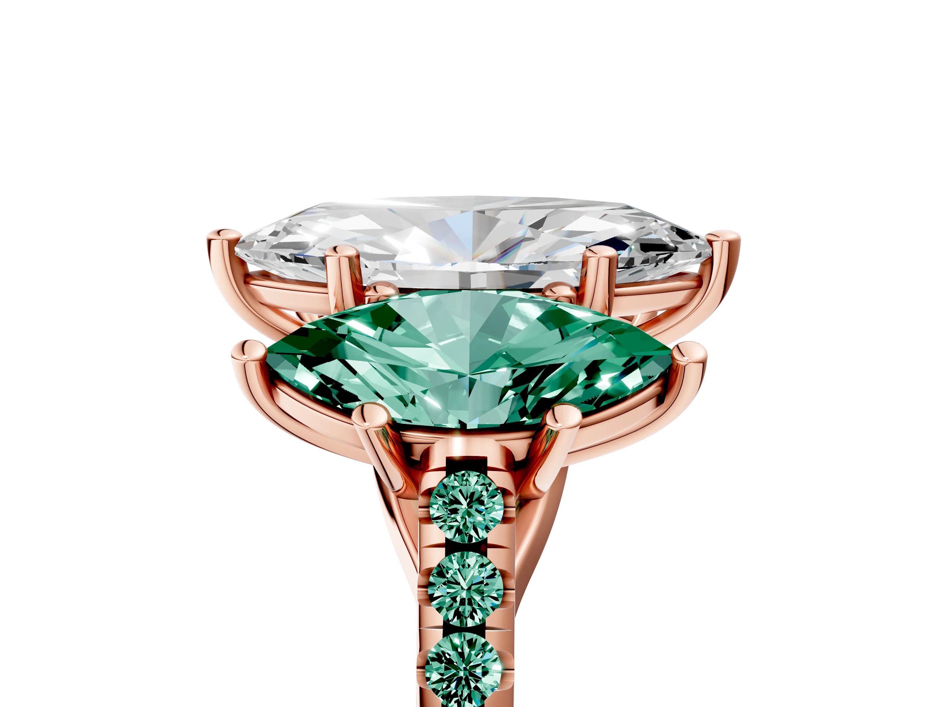 Rose gold Three-Stone Marquise Cut Diamond Ring with Round with Green Sapphire side stone Pavé Band and Prong Setting_5
