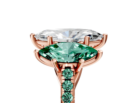 Rose gold Three-Stone Marquise Cut Diamond Ring with Round with Green Sapphire side stone Pavé Band and Prong Setting_5