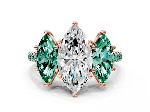Rose gold Three-Stone Marquise Cut Diamond Ring with Round with Green Sapphire side stone Pavé Band and Prong Setting