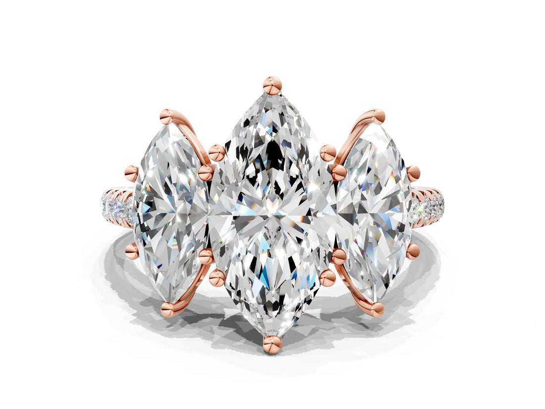 Rose gold Three-Stone Marquise Cut Diamond Ring with Round with Moissanite side stone Pavé Band and Prong Setting