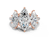 Rose gold Three-Stone Marquise Cut Diamond Ring with Round with Moissanite side stone Pavé Band and Prong Setting