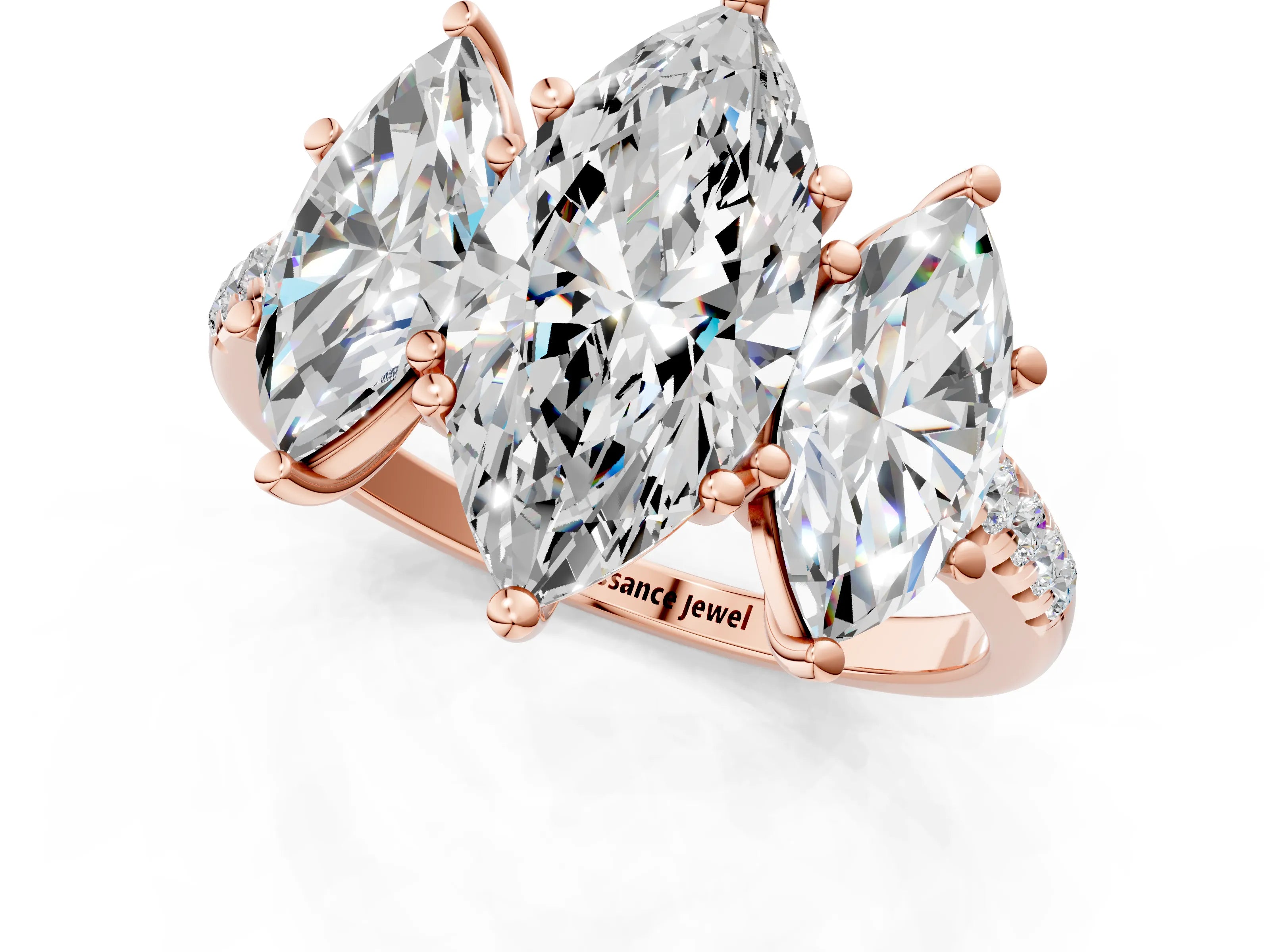 Rose gold Three-Stone Marquise Cut Diamond Ring with Round with Moissanite side stone Pavé Band and Prong Setting_1