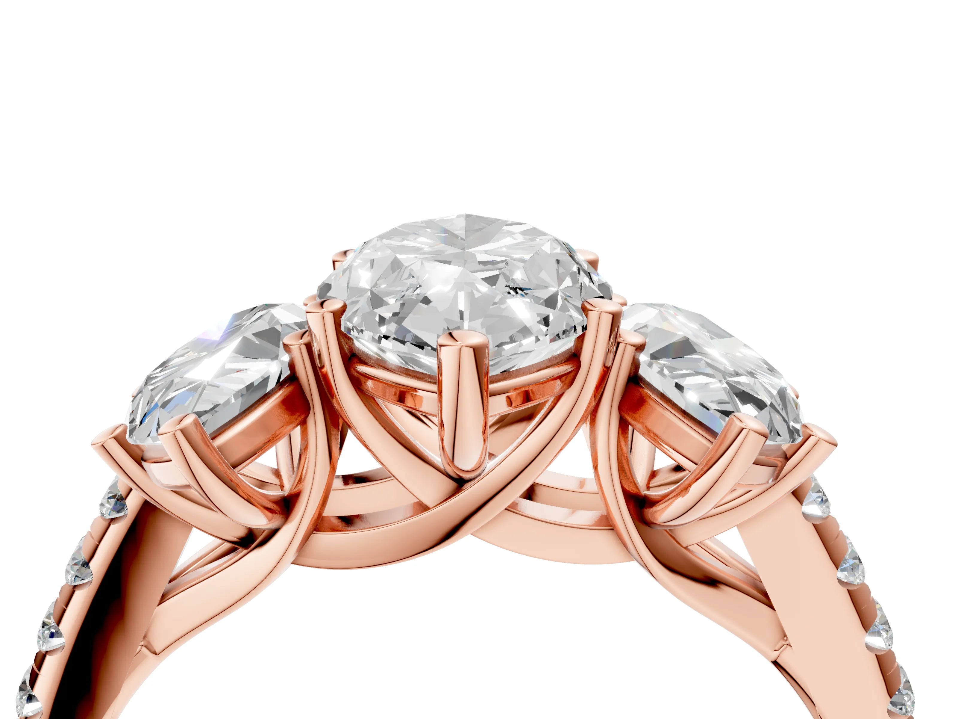 Rose gold Three-Stone Marquise Cut Diamond Ring with Round with Moissanite side stone Pavé Band and Prong Setting_4