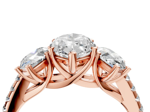 Rose gold Three-Stone Marquise Cut Diamond Ring with Round with Moissanite side stone Pavé Band and Prong Setting_4