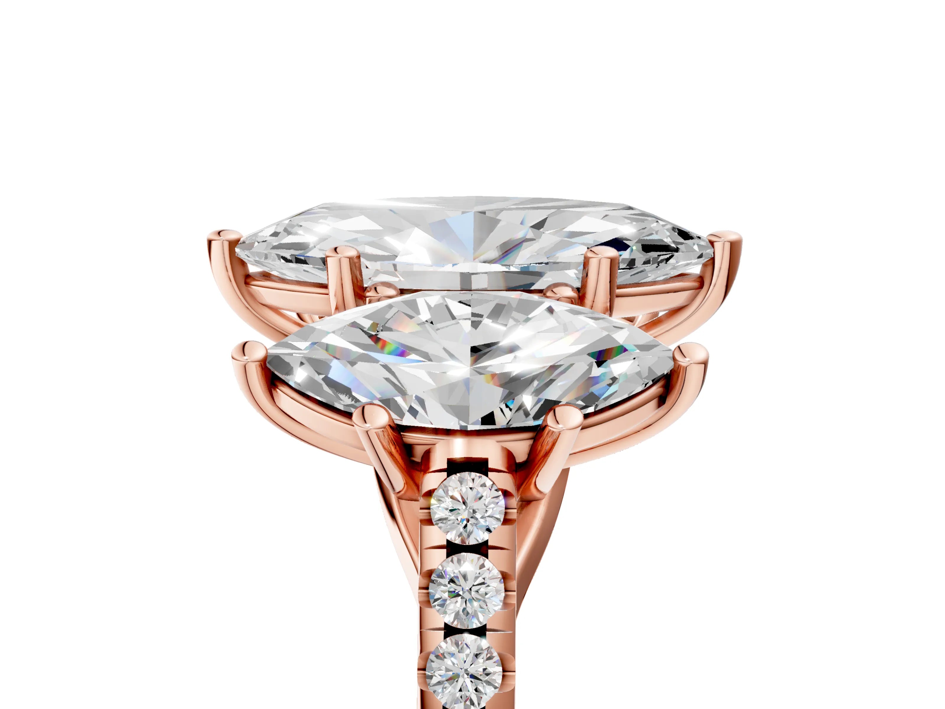 Rose gold Three-Stone Marquise Cut Diamond Ring with Round with Moissanite side stone Pavé Band and Prong Setting_5