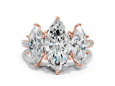Rose gold Three-Stone Marquise Cut Diamond Ring with Round with Moissanite side stone Pavé Band and Prong Setting