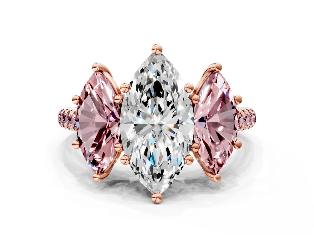 Rose gold Three-Stone Marquise Cut Diamond Ring with Round with Morganite side stone Pavé Band and Prong Setting