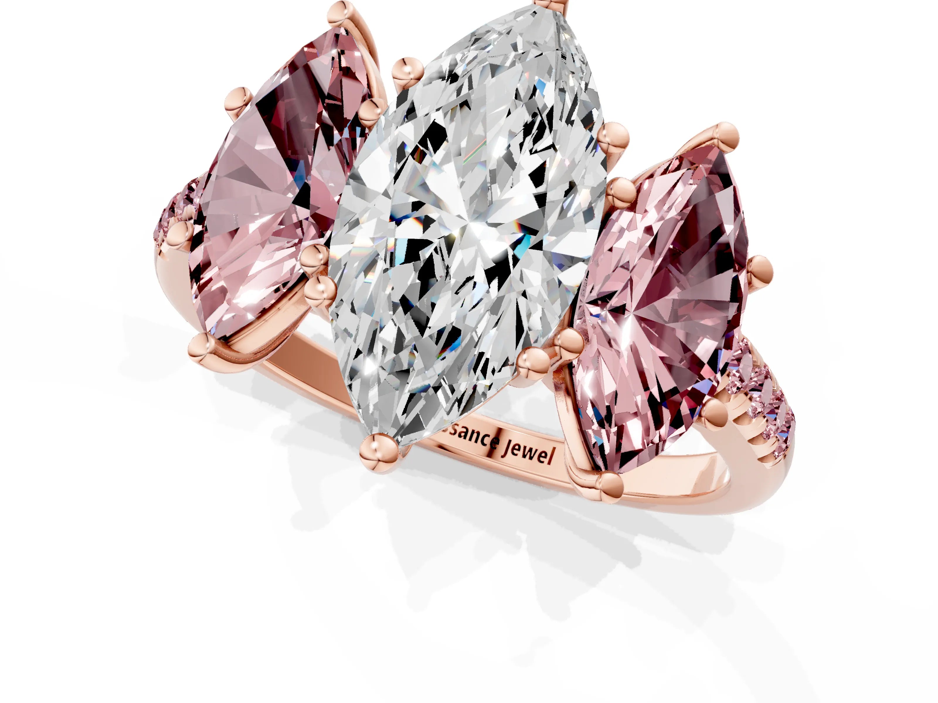 Rose gold Three-Stone Marquise Cut Diamond Ring with Round with Morganite side stone Pavé Band and Prong Setting_1