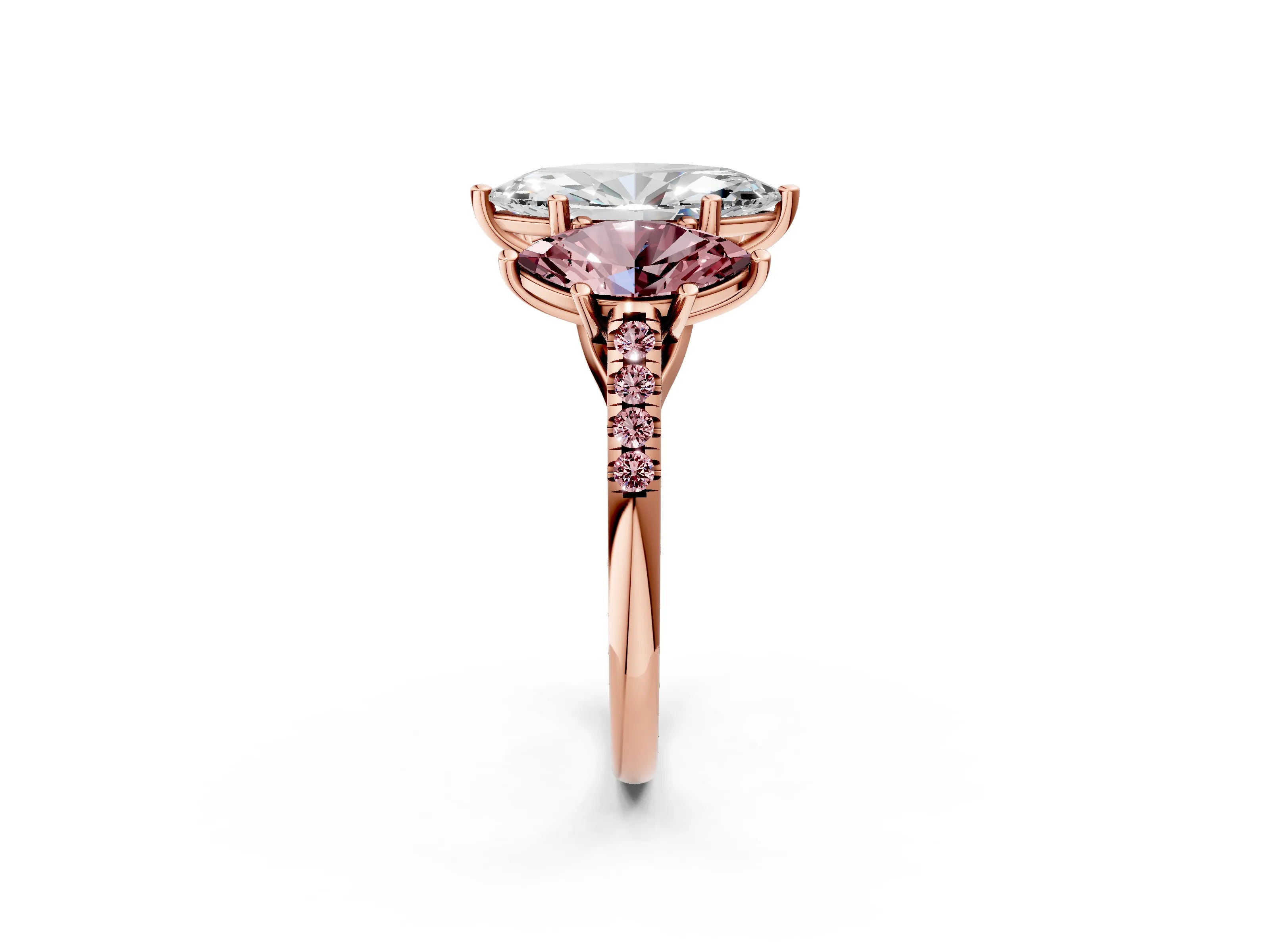 Rose gold Three-Stone Marquise Cut Diamond Ring with Round with Morganite side stone Pavé Band and Prong Setting_2