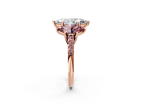 Rose gold Three-Stone Marquise Cut Diamond Ring with Round with Morganite side stone Pavé Band and Prong Setting_2