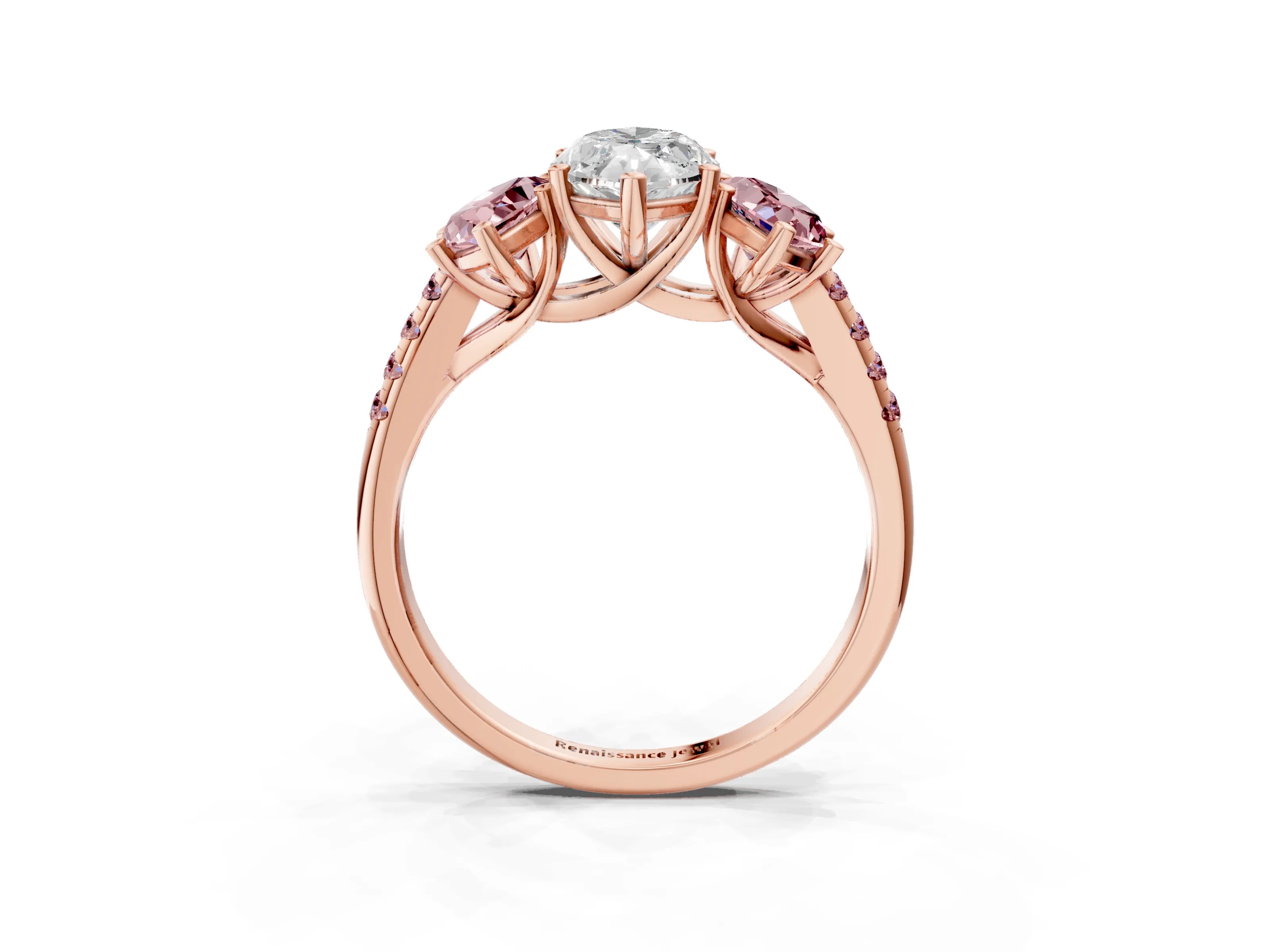 Rose gold Three-Stone Marquise Cut Diamond Ring with Round with Morganite side stone Pavé Band and Prong Setting_3