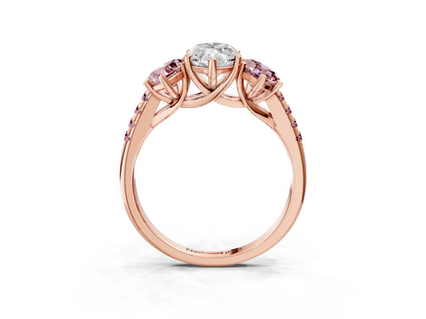 Rose gold Three-Stone Marquise Cut Diamond Ring with Round with Morganite side stone Pavé Band and Prong Setting_3