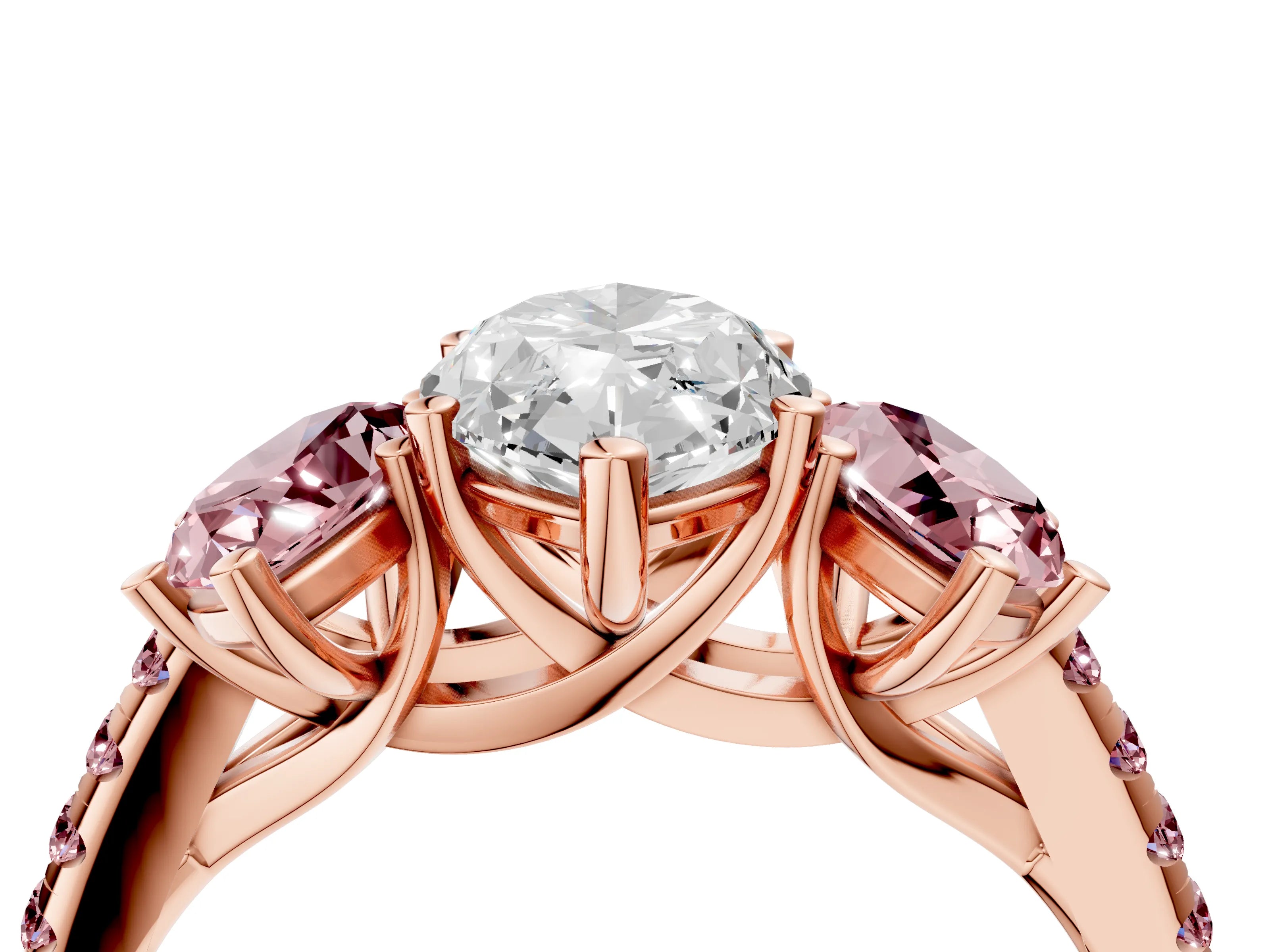 Rose gold Three-Stone Marquise Cut Diamond Ring with Round with Morganite side stone Pavé Band and Prong Setting_4