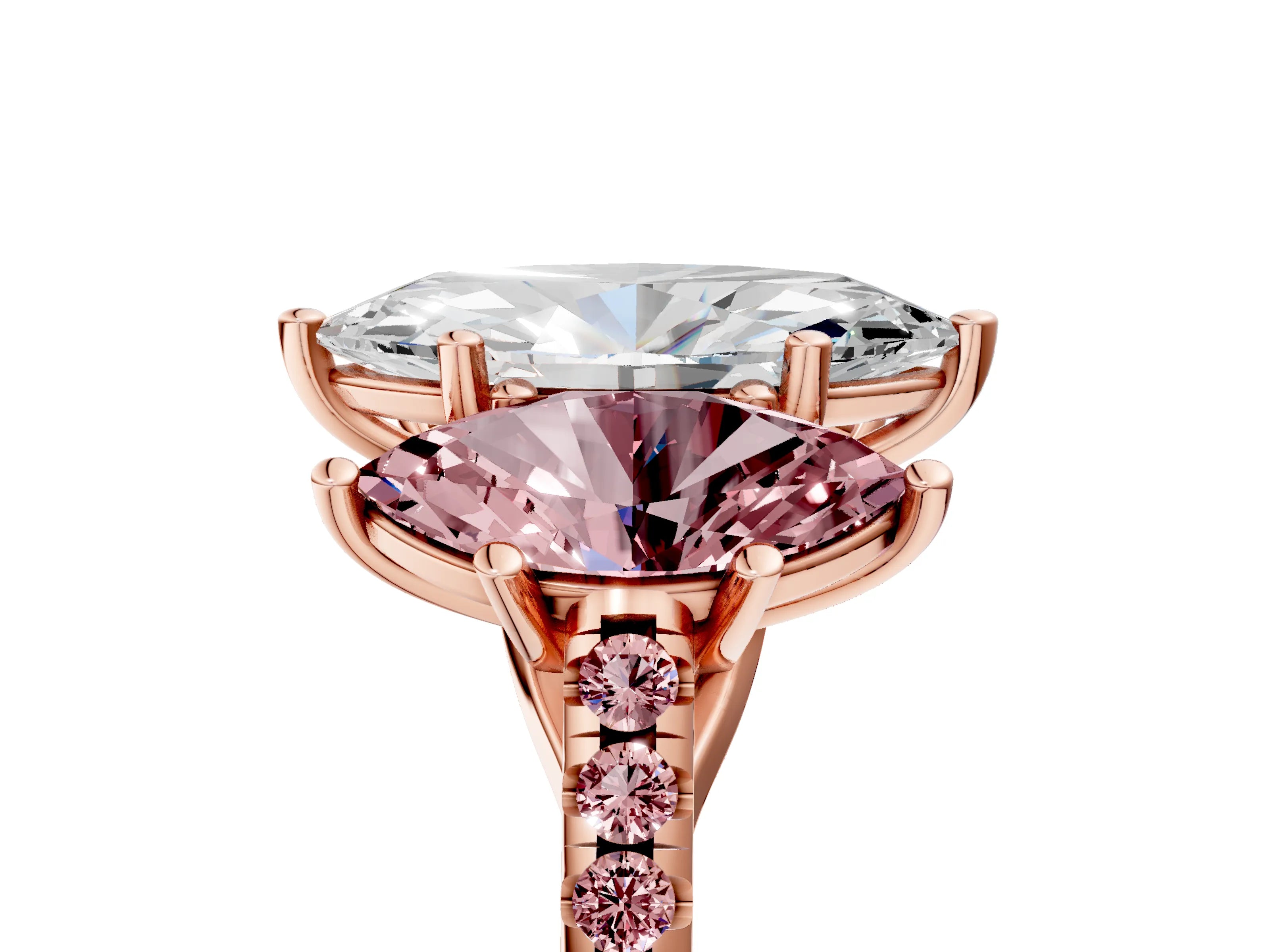 Rose gold Three-Stone Marquise Cut Diamond Ring with Round with Morganite side stone Pavé Band and Prong Setting_5