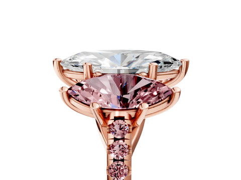 Rose gold Three-Stone Marquise Cut Diamond Ring with Round with Morganite side stone Pavé Band and Prong Setting_5