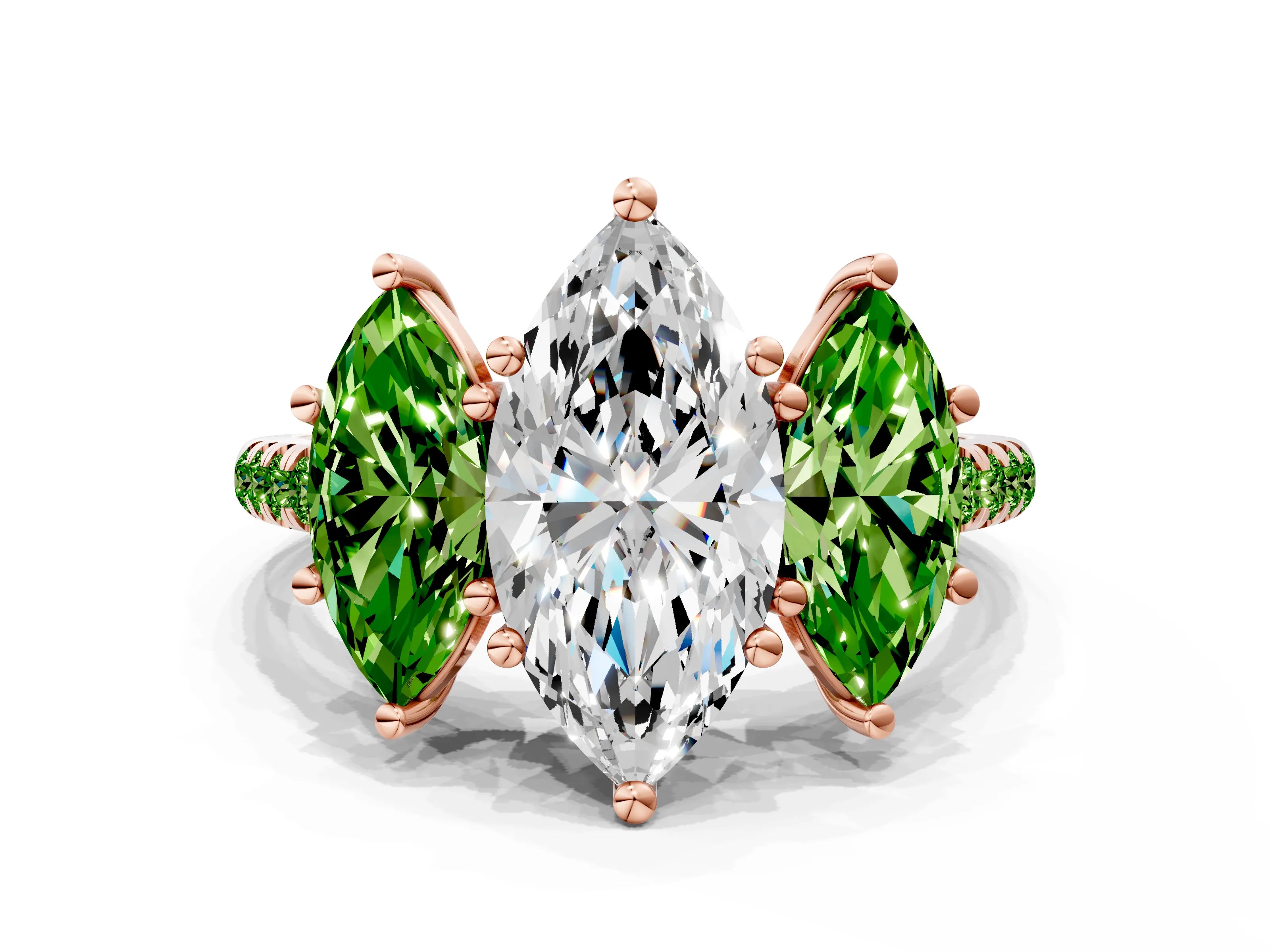 Rose gold Three-Stone Marquise Cut Diamond Ring with Round with Peridot side stone Pavé Band and Prong Setting