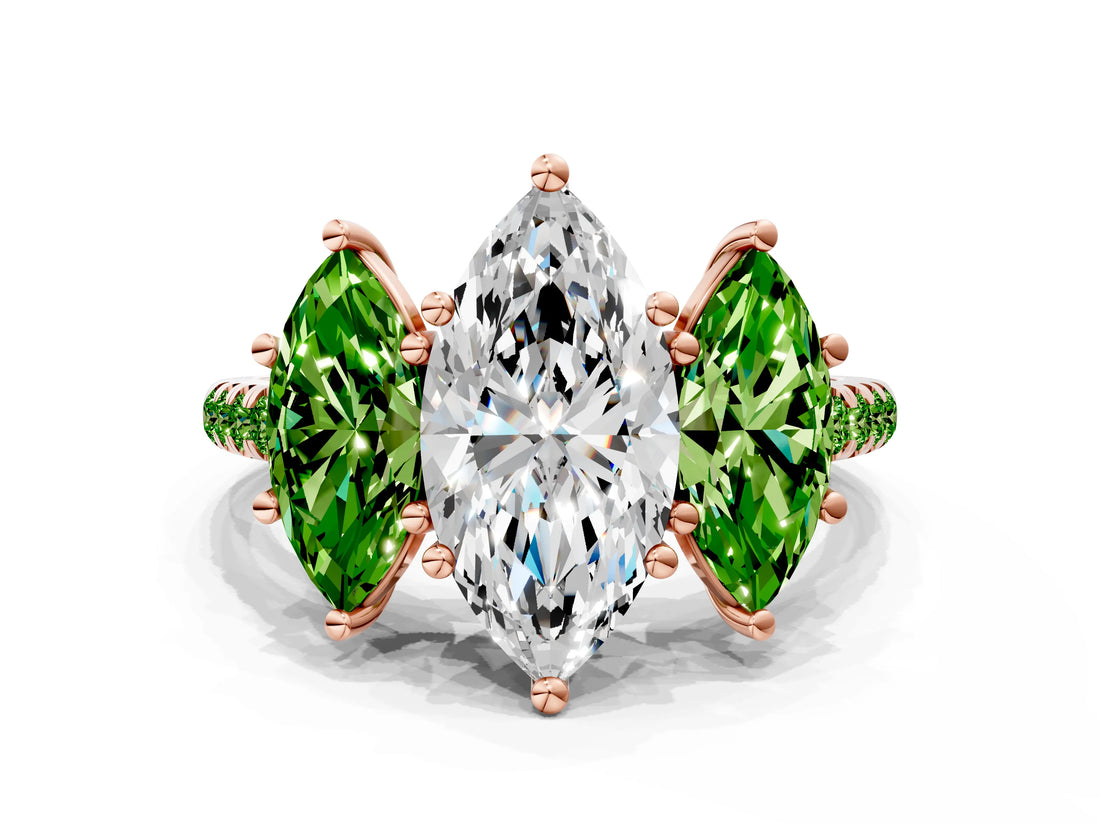 Rose gold Three-Stone Marquise Cut Diamond Ring with Round with Peridot side stone Pavé Band and Prong Setting