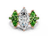 Rose gold Three-Stone Marquise Cut Diamond Ring with Round with Peridot side stone Pavé Band and Prong Setting