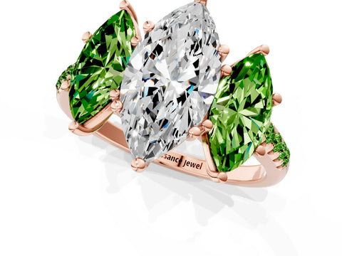 Rose gold Three-Stone Marquise Cut Diamond Ring with Round with Peridot side stone Pavé Band and Prong Setting_1