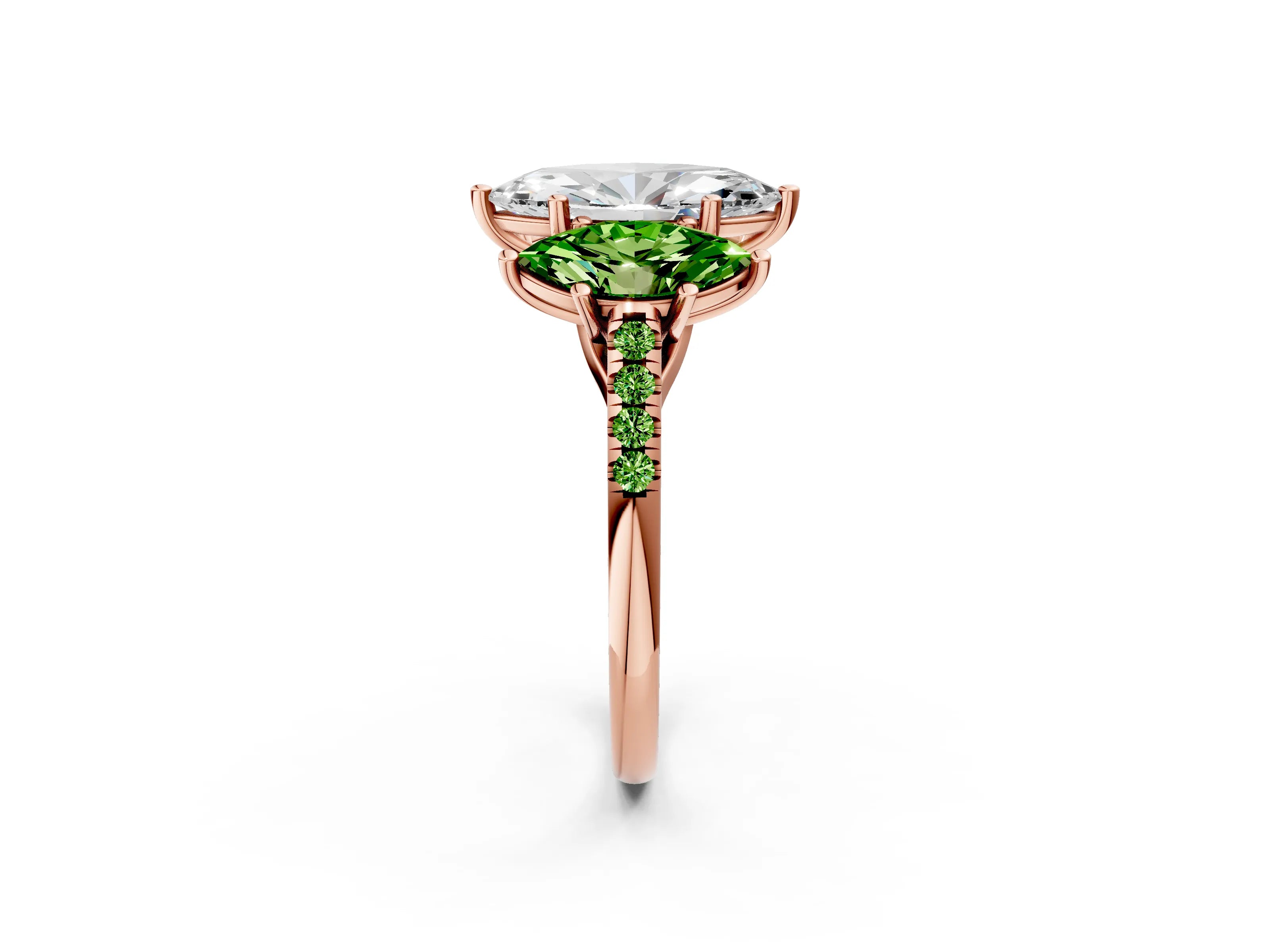 Rose gold Three-Stone Marquise Cut Diamond Ring with Round with Peridot side stone Pavé Band and Prong Setting_2