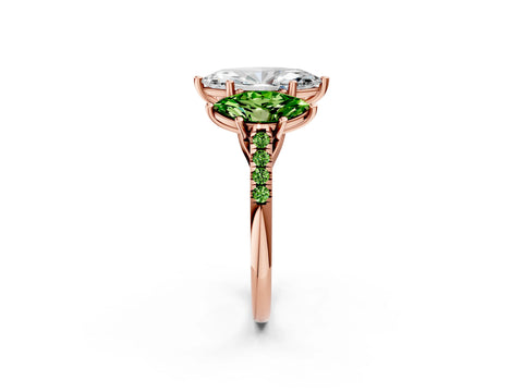 Rose gold Three-Stone Marquise Cut Diamond Ring with Round with Peridot side stone Pavé Band and Prong Setting_2