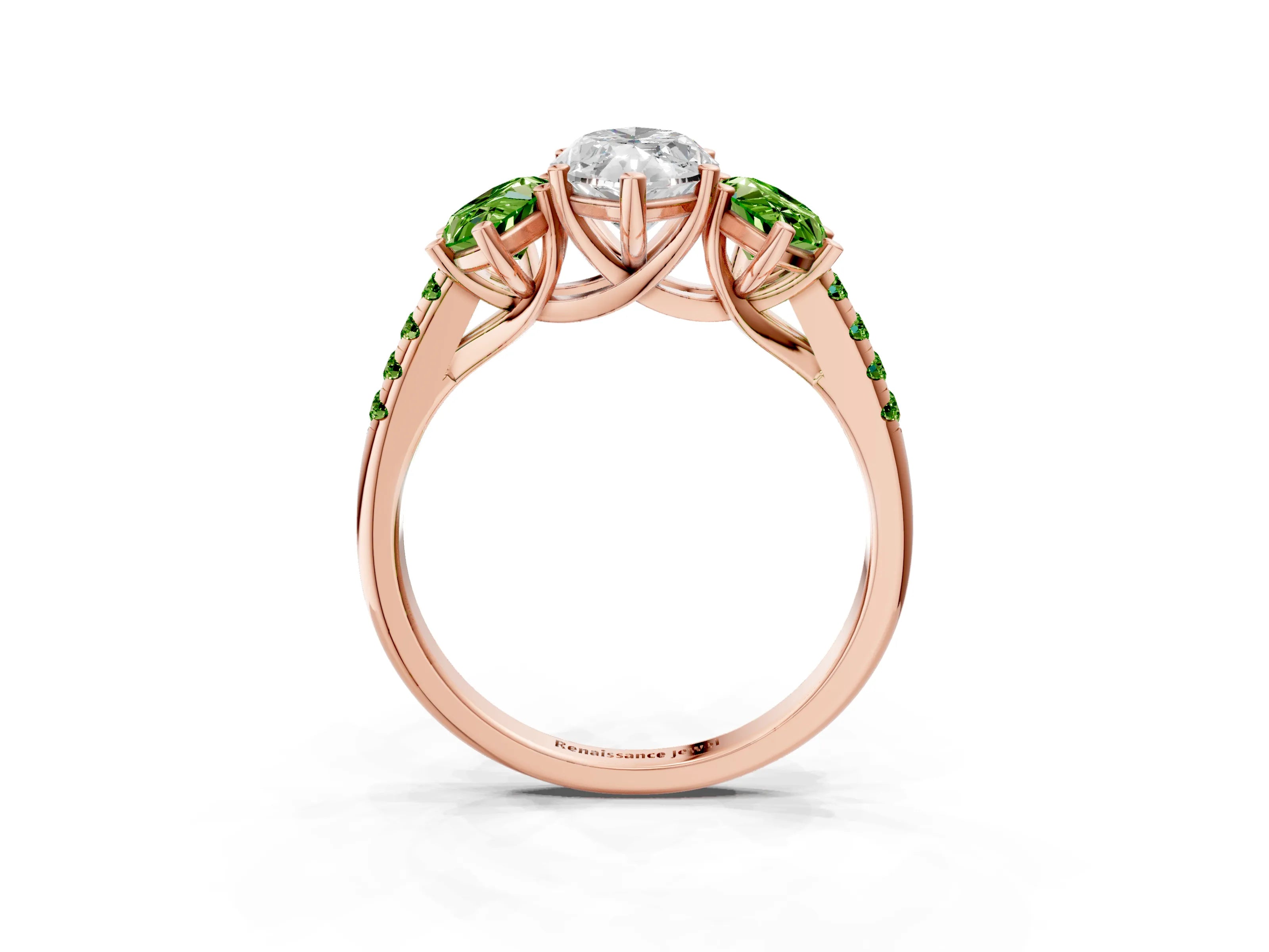 Rose gold Three-Stone Marquise Cut Diamond Ring with Round with Peridot side stone Pavé Band and Prong Setting_3