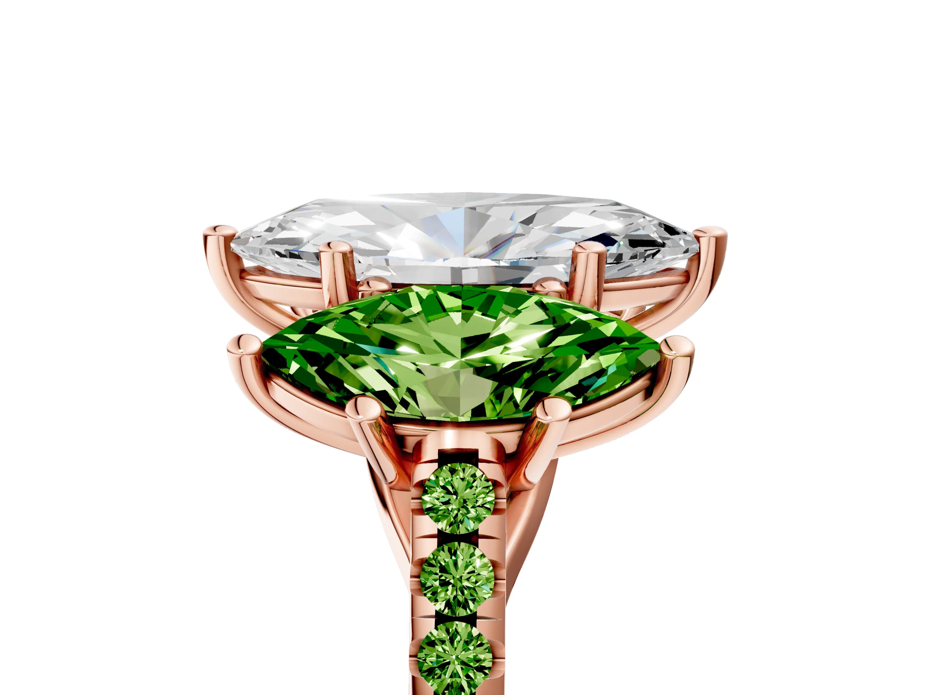 Rose gold Three-Stone Marquise Cut Diamond Ring with Round with Peridot side stone Pavé Band and Prong Setting_5