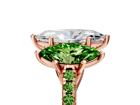 Rose gold Three-Stone Marquise Cut Diamond Ring with Round with Peridot side stone Pavé Band and Prong Setting_5