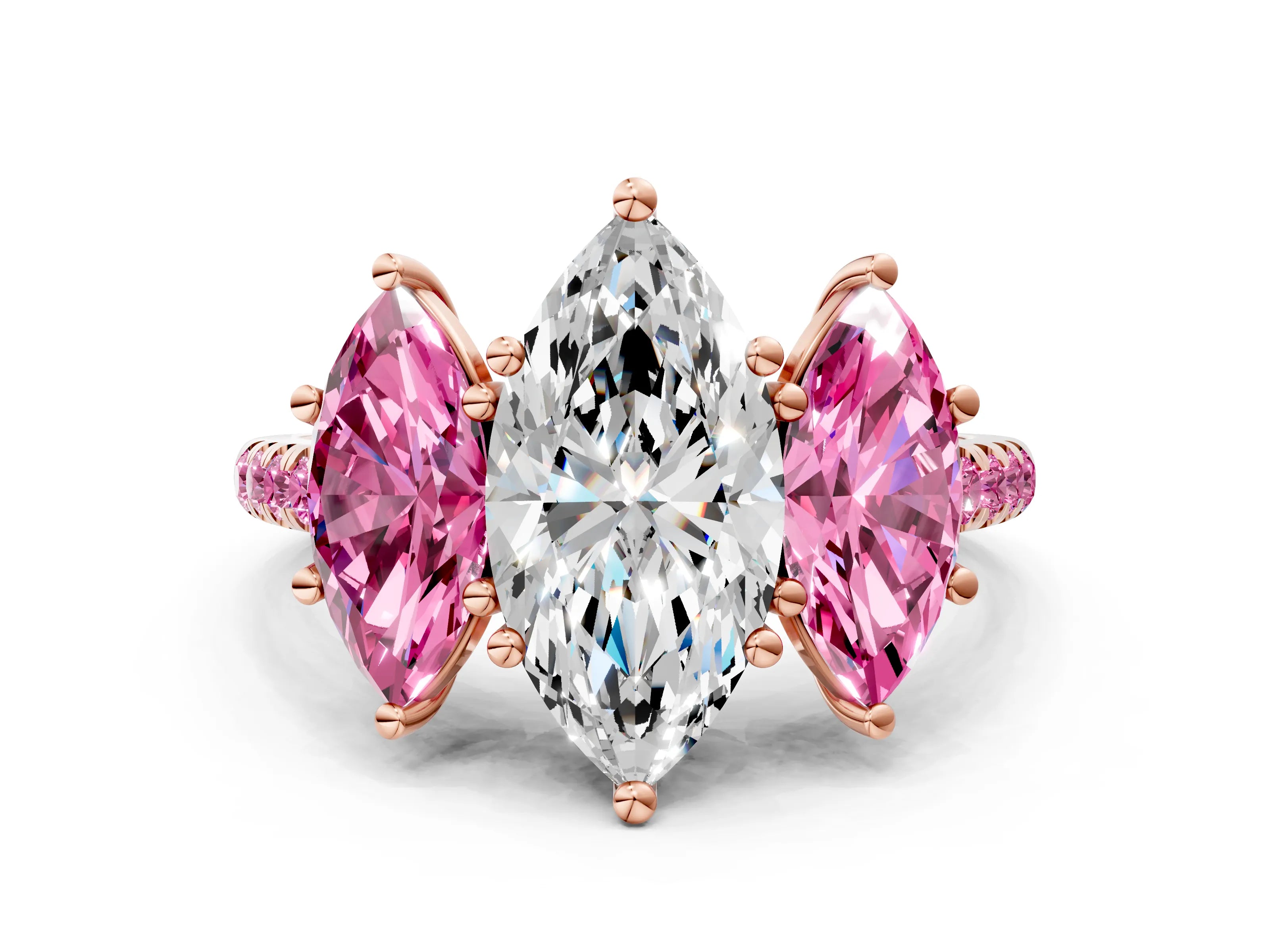 Rose gold Three-Stone Marquise Cut Diamond Ring with Round with Pink Sapphire side stone Pavé Band and Prong Setting